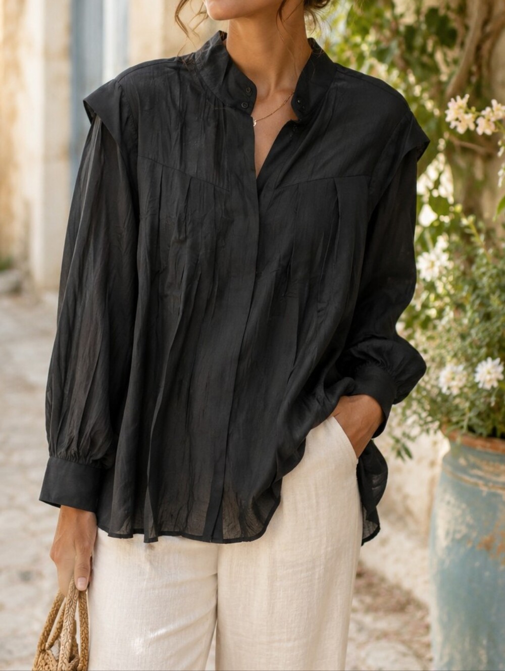 NWT Soaked In Luxury Black Victorian Pleated Tunic Blouse Oversized Boho